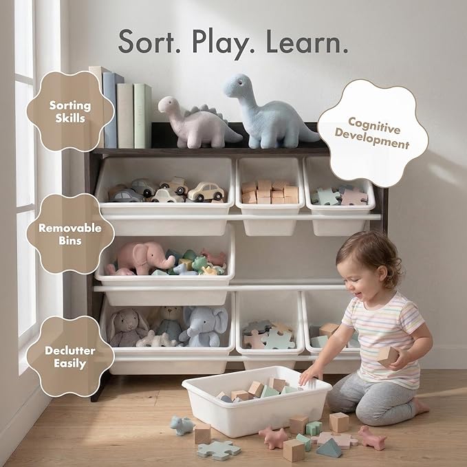 Humble Crew Toy Storage Organizer with 9 Removable Storage Bins for Kids Playroom, 3-Tier with Top Shelf Toddler Toy Organization and Storage, Espresso/White