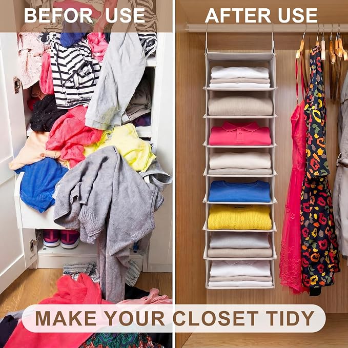 Tudomro 8 Tier Closet Organizer Hanging Canvas Clothes Storage Shelves with Metal Hooks for Rod Wire Foldable Breathable Beige 28" L x 8" D x 11.5" H Closets for Sweaters and Clothing