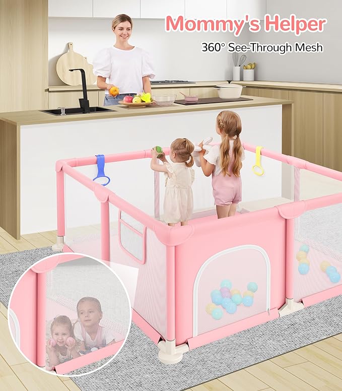 Dripex Baby Playpen, 50"x50" Small Playpen for Babies, Enhanced Safety Baby Play Yard for Indoor & Outdoor, Infant Play Pen with Soft Breathable Visible Mesh, Anti-Fall Design & Easy Setup, Pink