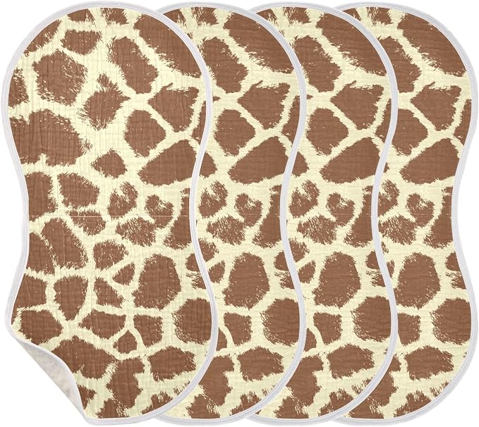 Muslin Burp Cloths for Baby Boys and Girls - 4-Pack Ultra Absorbent Giraffe Print Muslin Washcloths, Newborn Towel, Milk Spit Up Rags, Burp Cloth Bib for Unisex, 22 x 11 Inch