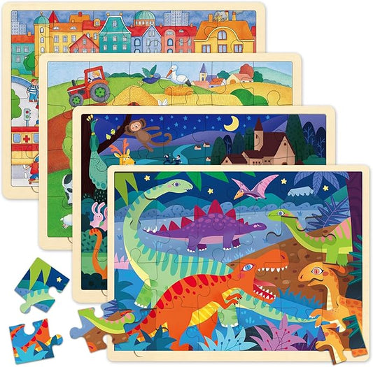 Wooden Puzzles for Kids Ages 3-5, 4 Packs 24 Piece Jigsaw Puzzles for 3 Year Old Boys Girls, Farm Urban Dinosaur Forest Animals Preschool Educational Brain Teaser Boards Toys