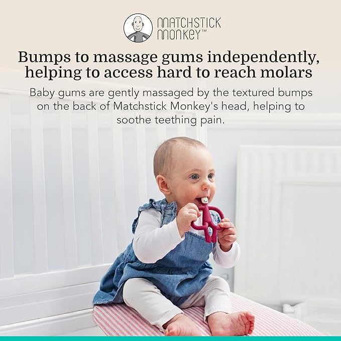 Matchstick Monkey Original Teether & Gel Applicator ??Silicone Baby Teether, Easy-to-Grip, BPA-Free, Supports Self-Soothing & Early Brushing, 3 Months+, 4 Inches, Rubine Red