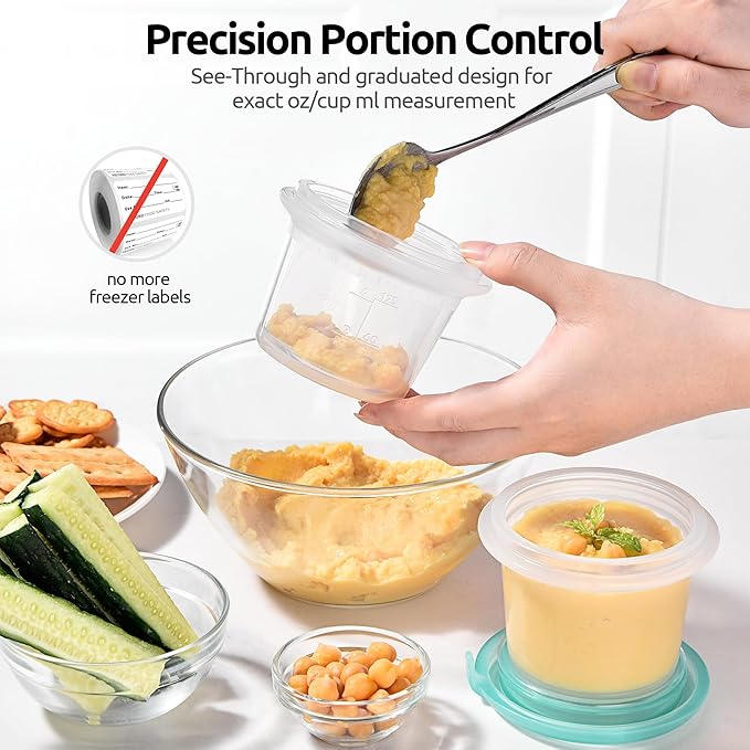 U-Taste 4oz×2 Silicone Food Container Set: Small Kitchen Storage with Airtight Lid, Freezer & Microwave Safe, Snack Box with Date Marking Circle, Clear Stackable for Yogurt, Hummus, Garnish-Aqua Sky