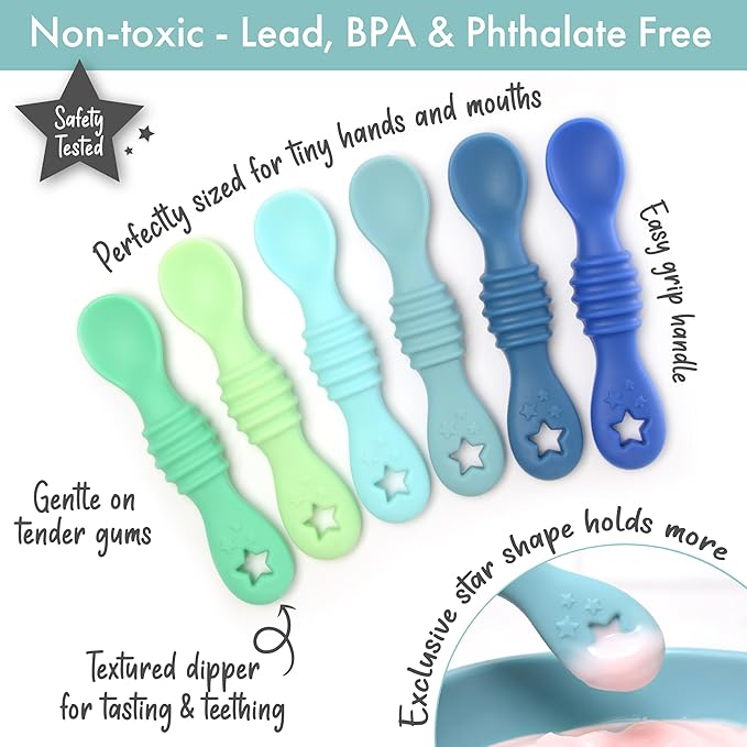 PrimaStella 6-Piece Silicone Baby Feeding Spoons - First Stage Infant Spoons, Soft-Tip Baby Training Spoon - Infant Utensils Feeding Supplies - Dishwasher & Boil-proof (Blue/Green)