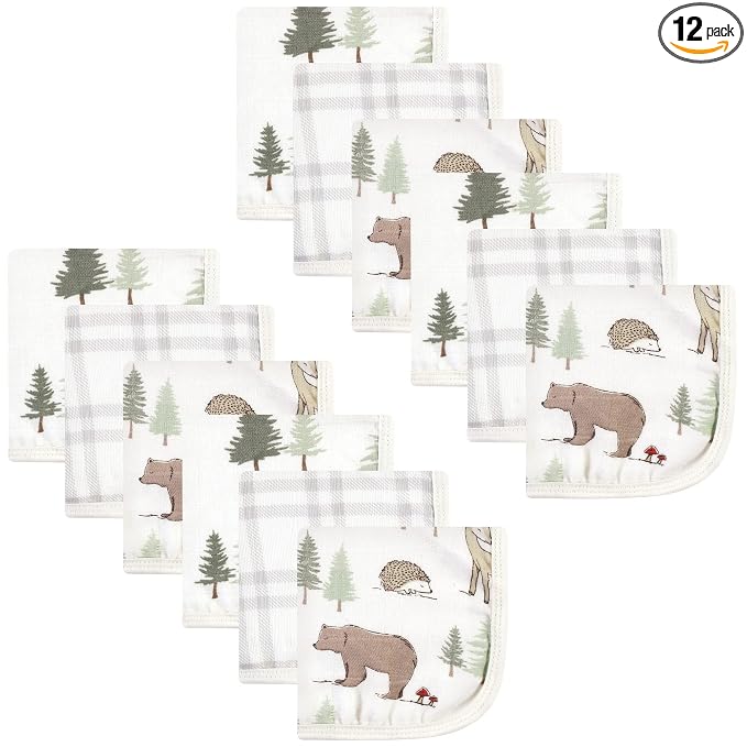 Hudson Baby Unisex Baby Cotton Muslin Washcloths, Forest Animals, One Size