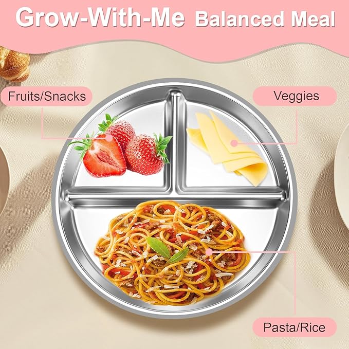 Bella's Friends Life Stainless Steel Toddler Plates Silicone Suction, Non-Slip Baby Plates, Divided Portion, Food-Grade Silicone Plate for Kids, LEAD-FREE Dishwasher Safe