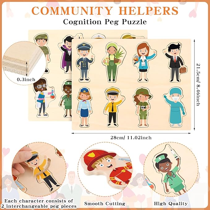 2 Set Wooden Puzzle for Toddlers Community Helpers Cognition Peg Puzzle Wood Blocks Multicultural Occupational Career Character Interchangeable Educational Toys Preschool Learning for Kids Children