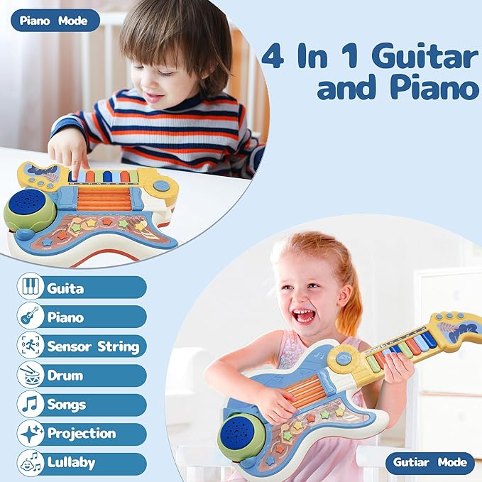 Toddlers Guitar, 4 in 1 Kids Guitar and Piano Guitars for Toddlers 2-4 with Lullaby Projector Toy for Kids Musical Instruments Toys Birthday Gift for a 2 3 4 5 Year Old Boys Girls Gifts