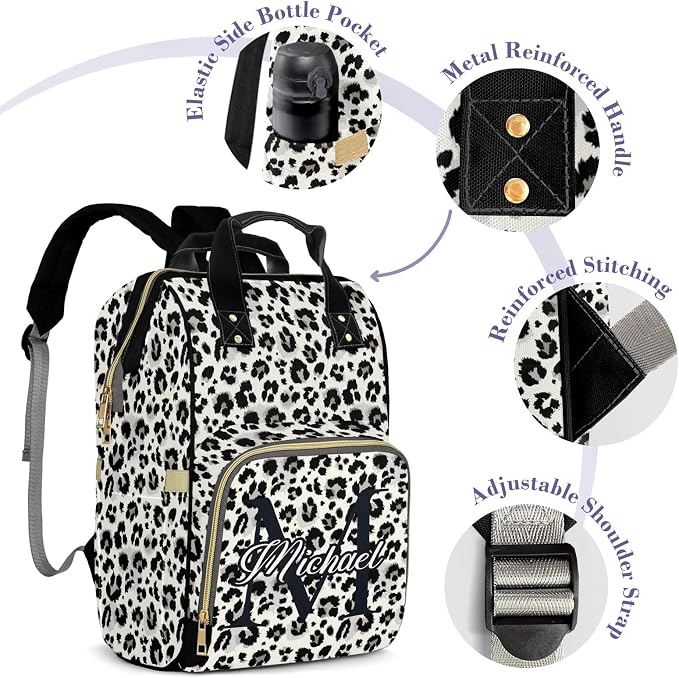 Personalized Diaper Changing Backpack - Upgraded Large Capacity with Insulated Pockets - Baby Bag for Girls, White Leopard