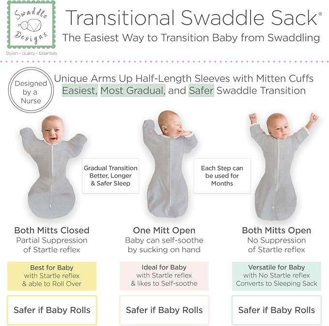 SwaddleDesigns Transitional Swaddle Sack, Arms Up Half-Length Sleeve Mitten Cuff, Most Gradual Transition Swaddle for Newborn