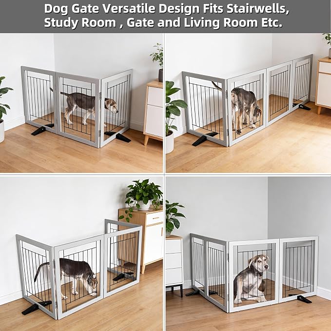 Dog Fence Indoor - 3-Panel Freestanding Dog Gate for Doorways, Hallways, House or Stairs -60x24-Inch Retractable Foldable Expandable Wood Pet by SFJC (Grey)