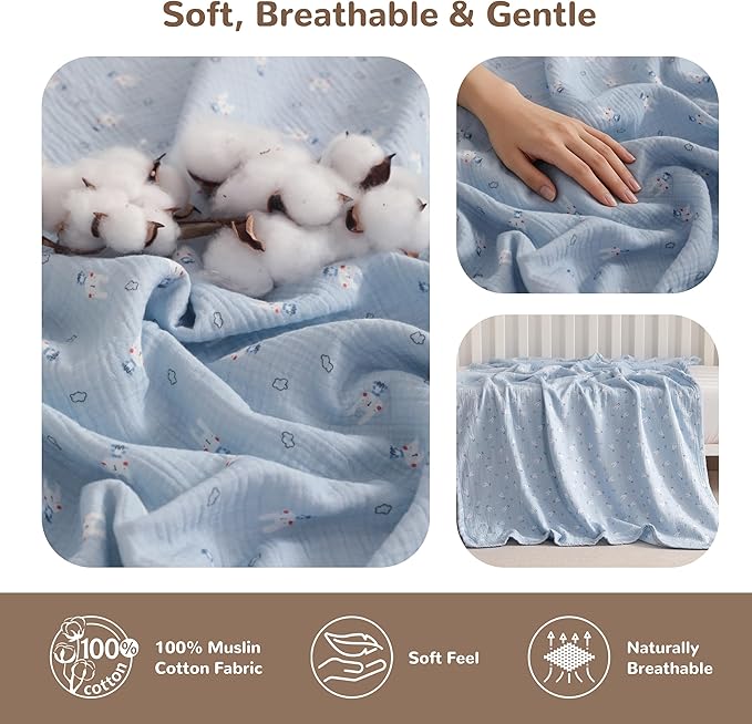 NTBAY Muslin Baby Swaddle Blanket, 2-Layer, 42x60 Lightweight Receiving Blanket for Newborns and Infants, Crib Stroller Nursery Use, Cloudy Bunny
