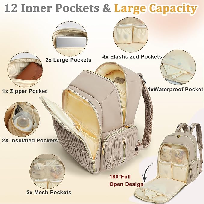 Miss Fong Diaper Bag Backpack - Quilted Travel Baby Bag with Changing Pad, 16 Pockets, Waterproof, Large Capacity - Mommy Backpack for Baby Shower Gifts (Khaki)