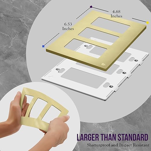 ENERLITES Elite Series Screwless Decorator Wall Plate Child Safe Outlet Cover, Gloss Finish, Size 3-Gang 4.68" H x 6.53" L, Unbreakable Polycarbonate Thermoplastic, SI8833-BGD, Brushed Gold