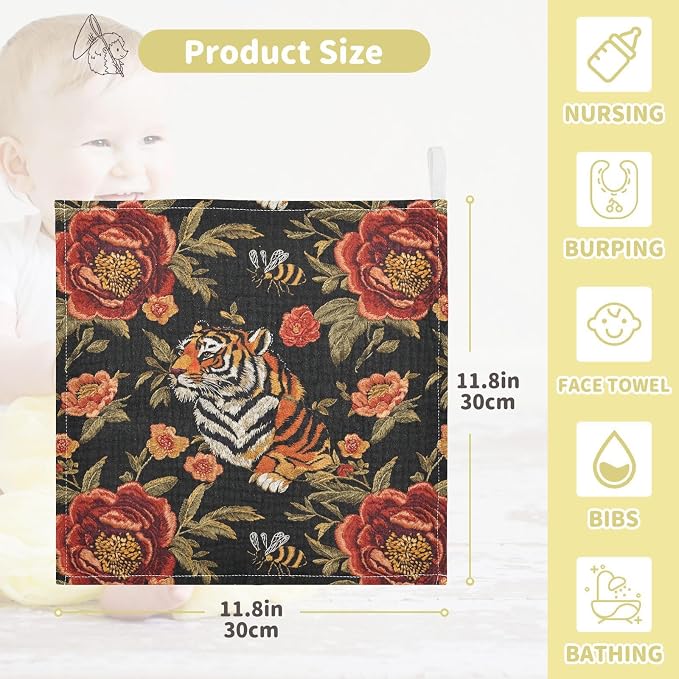 vvfelixl Tiger Bee Flower Baby Burp Cloths Baby Muslin Washcloths for Boys Girls Cotton Babys Face Towel for Newborn Infants Soft and Absorbent 11.8 X 11.8 in, 5 Pack