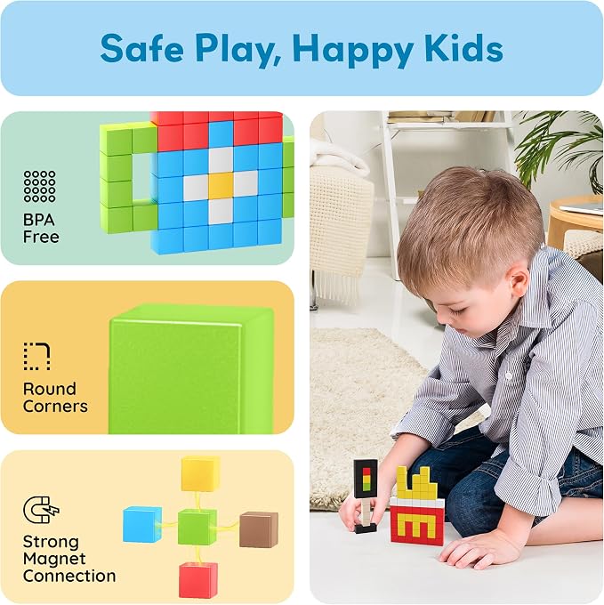 PicassoTiles 100pcs 0.5” Pixel Magnetic Puzzle Cube Mix & Match Cubes Sensory Toys STEAM Education Learning Building Block Magnets Children Construction Toy Set Stacking Magnet Creative Kit PMC100