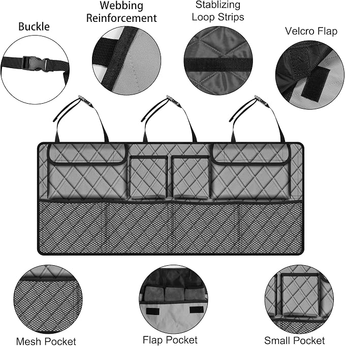 Femuar Car Trunk Organizer, Large Capacity Backseat Trunk Organizer (42"*18"), Collapsible Car Storage Bag with 8 Pockets, SUV/MPV/Truck - Grey