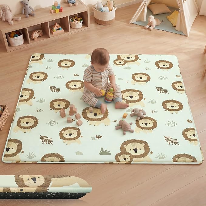 1.5" Thick Premium Baby Floor Play Mat, 71x79 Over-Sized Padded Memory Foam Mat, Tummy Time Crawling Playmat for Nursery Kids Playroom, Lion