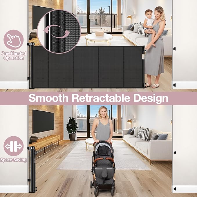 Reinforced 72" Wide Retractable Baby Gates with Support Rods - Prevent Crawling Under Retractable Gate, Mesh Dog Gate for Stairs Extra Long Baby Gate for Doorway, Long Dog Gate Indoor/Outdoor, Black