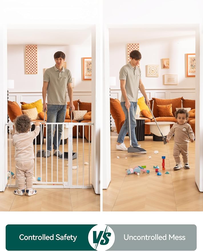 Babelio 29-43" Magnetic Baby Gate for Stairs,Doorways House,Kitchen,30" Tall Pet Door with Baffles,Pressure Mounted & Dual-Lock Design Safety for Kids Toddler,Auto-Close/Hold-Open,White