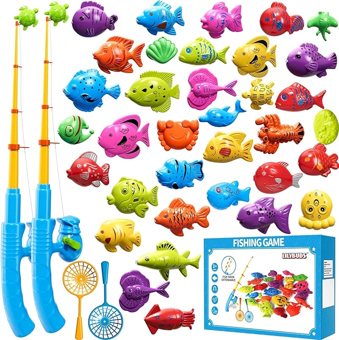 Magnetic Fishing Game Toys for Kids Toddlers 3-5 4-8, Water Table Bathtub Toys with Pole Rod Net Plastic Floating Fish, Water Bath Pool Outdoor Toys for Kids Toddlers Baby Age 3 4 5 6 7 8 Year Old