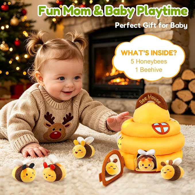 Baby Sensory Toys 0-6 6-12 Months, Soft Beehive Toy with 5 Plush Bees, Rattle Crinkle Squeaker Mirror, Music, Montessori Toys for Toddlers 1-3 Year Old Boys Girls Birthday Gifts