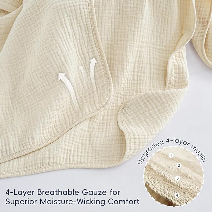 PHF Baby Muslin Swaddle Blanket, 100% Cotton Soft Breathable Receiving Blankets for Boys and Girls, 4-Layer Swaddle Wrap Burping Clothes, Baby Essentials, Large 47 x 47 inches, Beige/Birch