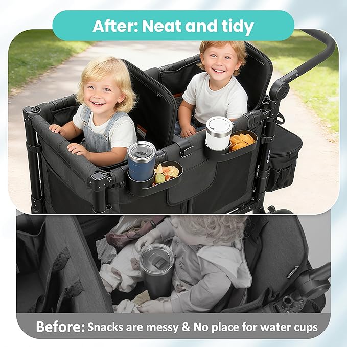 Wonderfold Wagon Snack Tray with Spill-Proof Cup Holders - Compatible with WONDERFOLD W2 & 4 Elite (2 & 4 Seats) | Kid Snacks & Drinks Tray, Detachable, Easy Install, Dishwasher Safe (2-Pack)