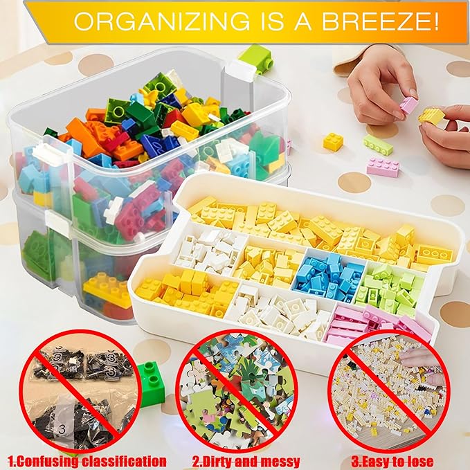 Kids Toys Storage Organizer for Lego Clear Building Blocks Container Box with Baseplate Lids 2 Layers Stackable Playroom Organization Bin Portable Drawers Bricks Puzzle Board Craft Compartments Case