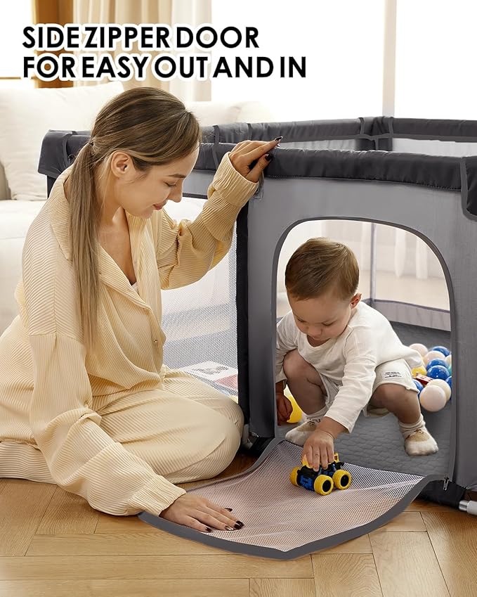 Baby Playpen with Mat, 50" x 50" Extra Large Play Yard for Babies and Toddlers, Baby Fence with Soft Thick Play Mat, Indoor Safety Activity Center for Infants, Easy to Assemble and Clean（Gray）