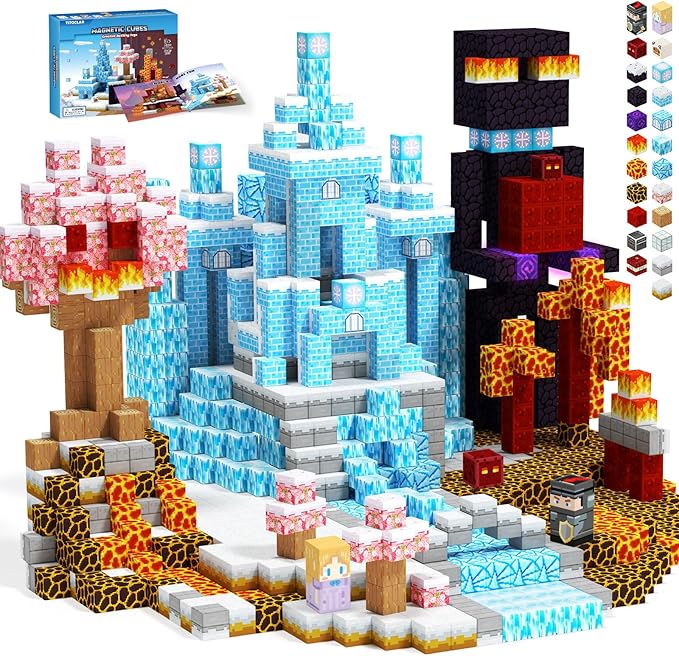 Hiwawind Magnetic Blocks Set, Ice Princess Castle & Lava Realm Fantasy World Building Toys, STEM Montessori Toys for 3 4 5 6 7 8 Year Old Boys Girls, Creative Birthday Gifts for Kids