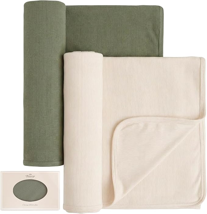 Konssy Knit Baby Blanket 2 Pack, Soft Ribbed Swaddle Receiving Blankets for Boys & Girls, Lightweight Cozy Swaddling Wrap for Newborns, Infants, & Toddlers, 33x42 Inch (Beige, Sage)