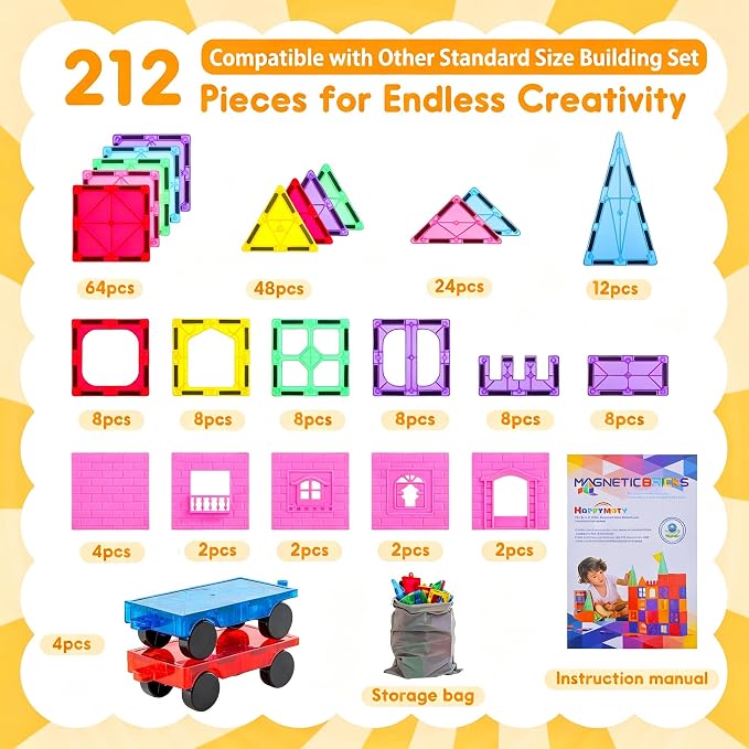 Antibacterial Magnetic Tiles 212PCS, STEM Toy for Kids Aged 3+ | 4 Cars, Bacteria resistant, Safer play, EPA-registered, Fits other brands, ABS plastic, Daycare, Montessori, Classroom gift