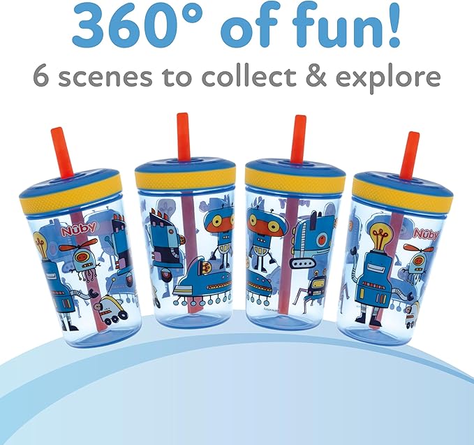 Nuby Thirsty Kids Super Sipper ??14oz No-Spill Toddler Cup with 360° Silicone Valve & Swivel Straw ??Leak-Resistant, Durable, Easy-Clean Design ??2 pk - Boys