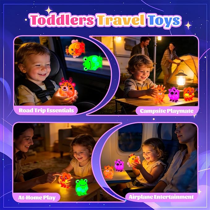 ChildFun 6PCS Light Up Animal Suction Popper Fidget Toys, Baby Bath Toys, Travel Airplane Road Trip Car Activities for Toddlers, No Hole Bath Toys, Sensory Toys for Kids with Autism