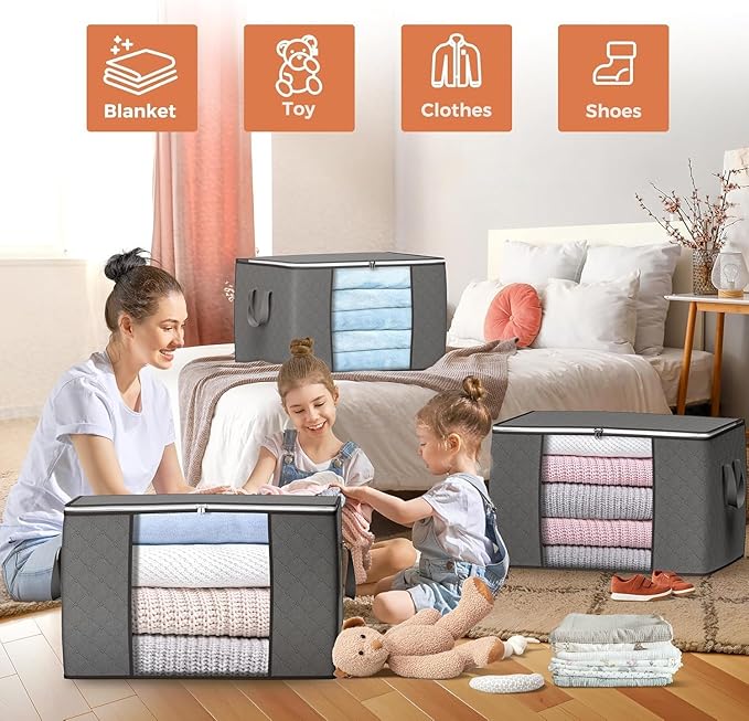 Budding Joy 90 L Large Storage Bags, 10 Pack Clothes Storage Bins Foldable Closet Organizers Storage Containers with Reinforced Handle for Clothing, Blanket, Comforters, Bed Sheets, Pillows (Gray)