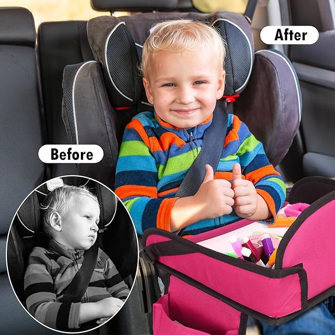 Kids Travel Tray for Airplane - Toddler Car Seat Table Tray, Road Trip Essentials for Boys & Girls, Carseat Lap Desk for Kids Road Trip Activities (Pink-2PCS)