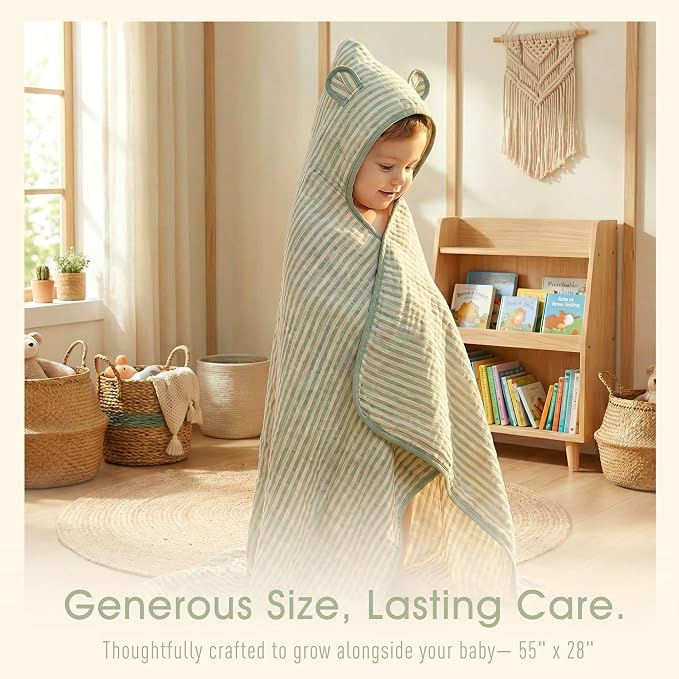 Ultra-Soft Muslin Toddler Hooded Towel – 55 x 28 Inches, Made with Organic Cotton, Gender-Neutral Sage Green Striped Jacquard Pattern, Ideal for Bath & Beach, Newborn to Toddler