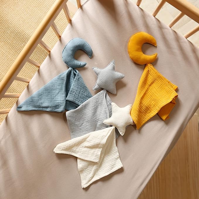 insular Baby Lovey Blanket for Boys and Girls, Organic Cotton Muslin Security Blanket for Babies, Soft Breathable Lovie Soothing Towel for Newborn and Infant, Star&Moon (Khaki)