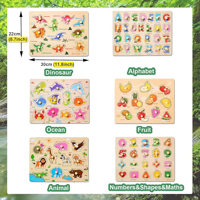 LOYUEGIYO 6PCS Toddler Wooden Peg Puzzle Toys for Age 2-4 3-5 Year Old Boys Girls,Educational Learning Sensory Toy,Puzzles for Toddlers Kids,Dinosaur&Ocean&Alphabet&Number Shape&Animal&Fruit Puzzles