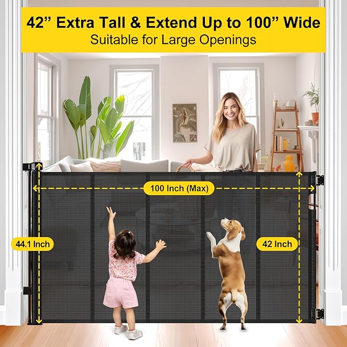 Reinforced 42??Tall x 100??Extra Wide Retractable Baby Gates for Doorways Extra Tall Pet Gate with Rods to Prevent Crawling Through, Dog Gate for Large Openings Extra Long Mesh Gate, Black