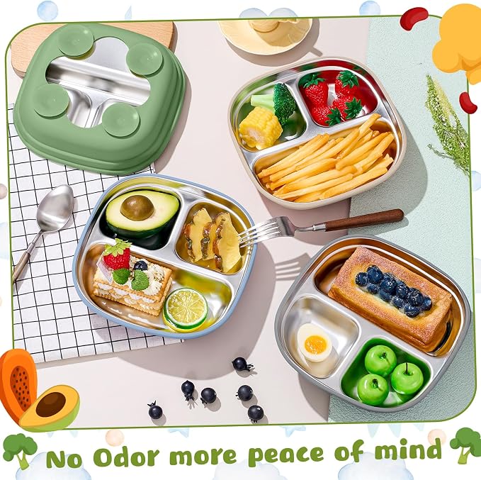 Geiserailie Square Stainless Steel Toddler Plates with Suction – 7.68” Divided Plates with Removable BPA-Free Silicone Sleeves, Unbreakable Baby Feeding Dishes Set of 4(Blue,Green,Beige,Gray)