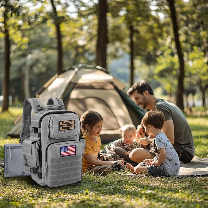 SHARKMOUTH Baby Diaper Bag for Dad - Large Military Daddy Gear Backpack with Changing Pad for Travel Camping Hiking - Newborn Baby Shower Gifts Gray