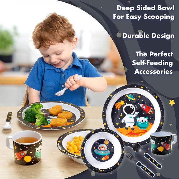 Bentology 5 Pc Mealtime Set for Kids -Space Theme -Includes Raised Edge Plate & Bowl, Cup, Metal Fork & Spoon -Dishwasher Safe, BPA Free- Cute Durable Dish, Easy Self-Feeding- Gift for Toddlers