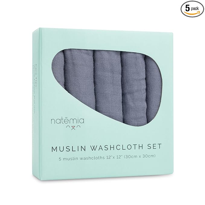 Natemia Muslin Baby Washcloths for Newborn - Premium Wash Cloths for Babies, Super Absorbent and Ultra Soft Rayon Made from Bamboo, 6 Layer Baby Girl and Baby Boy Washcloths, 5 Piece Set