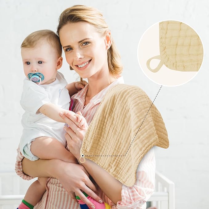 12 Pack Muslin Burp Cloths - Large 20" x 10", Ultra Absorbent 100% Cotton for Baby Drool and Messes - Soft, Gentle Baby Burp Rag for Boys & Girls -Brown