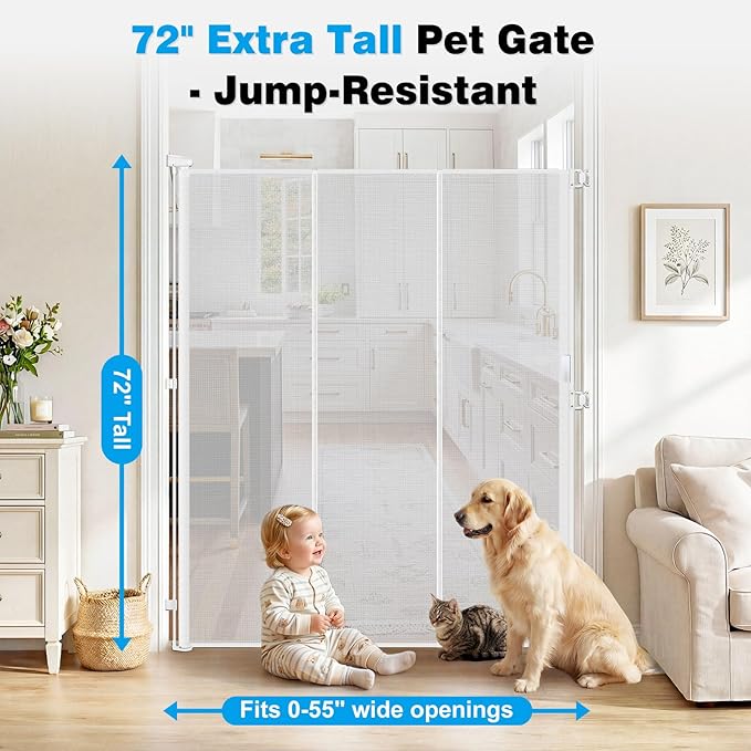 Reinforced 72" Extra Tall Pet Gate for Cat, Dog, Puppy & Baby, Jump-Resistant & Prevent Crawling Underneath Retractable Baby Gates, Fits 0-55" Width Safety Mesh Dog Gate, 6 Foot Extra Tall Cat Gate