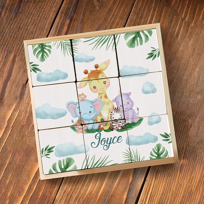 Custom Name Wooden Cube Puzzles for Kindergarten Boys Girls, 9 PCS Animals Puzzle with Storage Tray for 2-4 Years, Personalized 6 Puzzles in 1 Toy for Preschool Kids