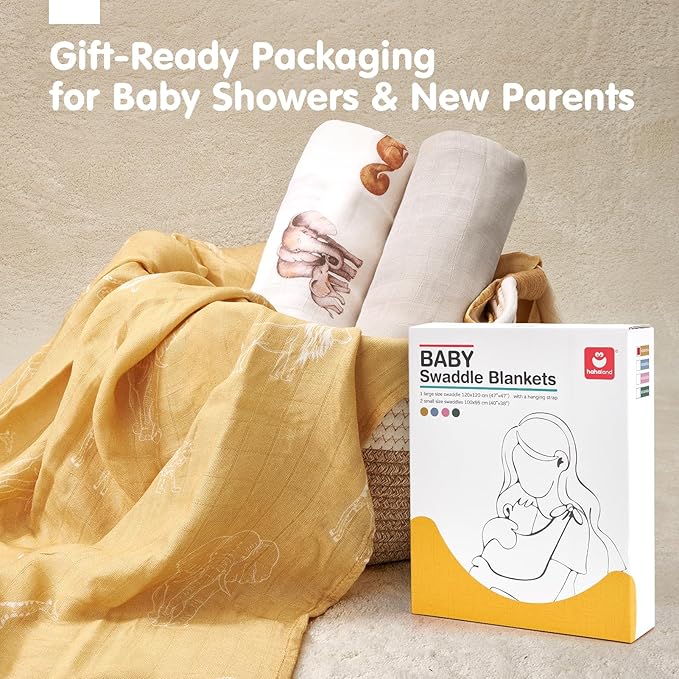 hahaland Muslin Swaddle Blankets Bamboo - 3-Pack, 1 Large (47" x 47") & 2 Standard (38" x 40") Breathable Silky Soft Receiving Blankets Swaddles for Newborns Newborn Essentials, Gold