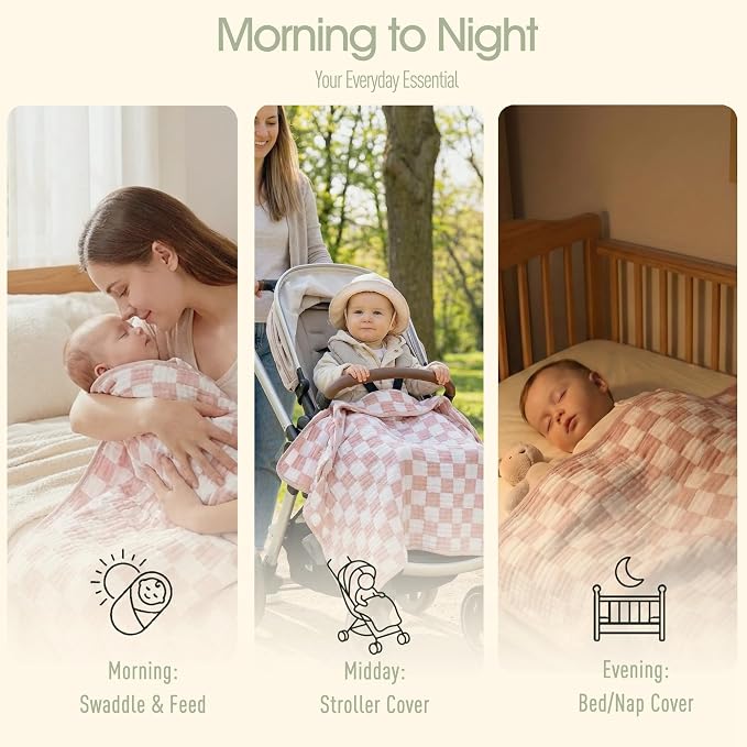 6-Layer Muslin Baby Blanket Made with Organic Cotton - Classic Neutral Checkered, Swaddle & Crib Quilt, 43”x43”, Dusty Pink Checkered, 1-Pack
